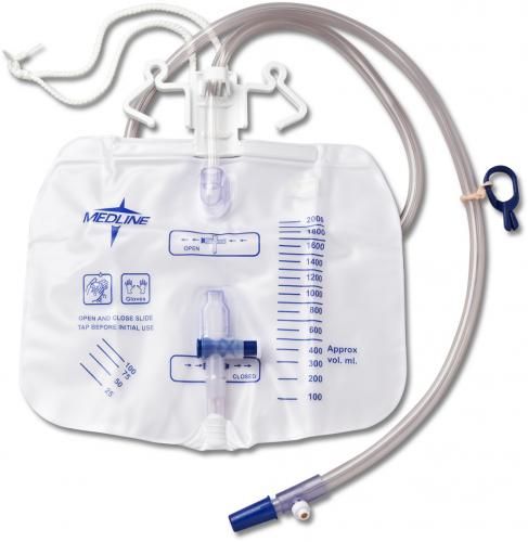 Urine Drain Bag, 2000mL, Anti-Reflux Tower, Metal Clamp, Latex-Free - Case of 20