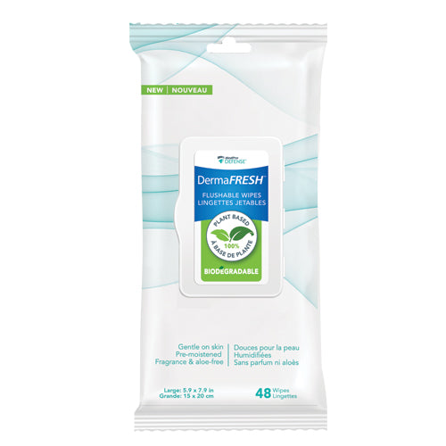 DermaFRESH™ Flushable Wipes, 100% Plant Based - 12 Packs of 48