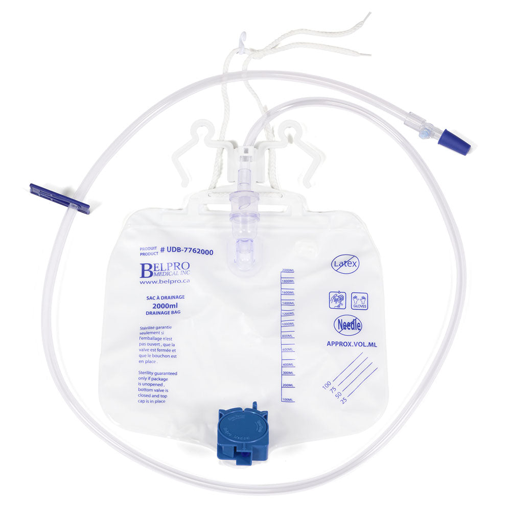 BelPro Urinary Drainage Bag 2000mL, 59in with Anti-Splash Clip - Case of 40